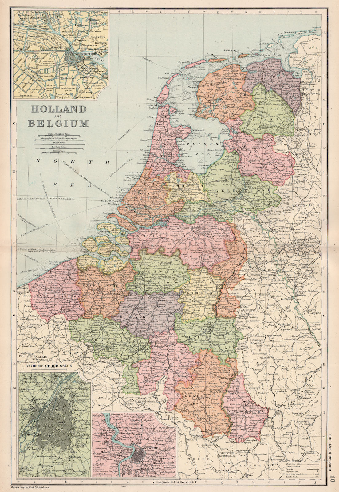 BELGIUM & NETHERLANDS w/ battlefields/dates. Amsterdam Brussels. BACON 1903 map